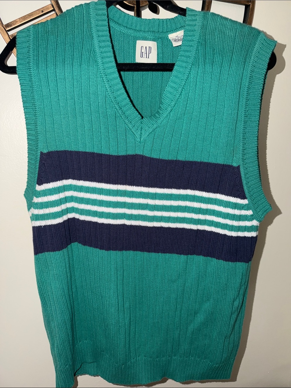 GAP Teal V-Neck Sleeveless Sweater with Navy & White Stripes